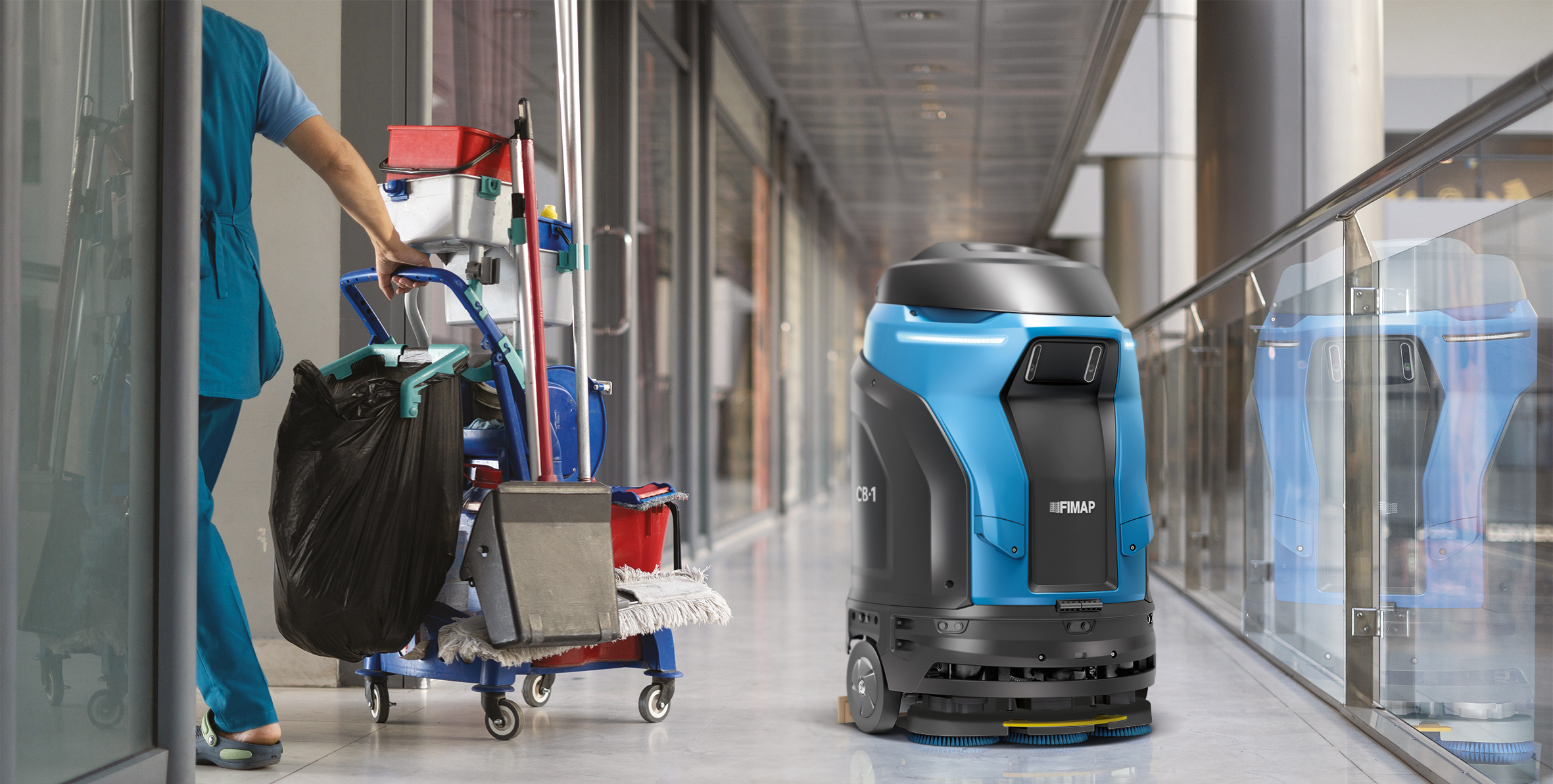 An employee pulls a trolley for cleaning offices. Woman cleaner is engaged in work. Shopping center place for text